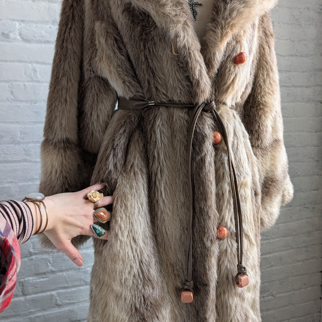 Vintage Neutral Brown Faux Fur Trench Coat Mob Wife Fuzzy Glam Plush Boho Jacket