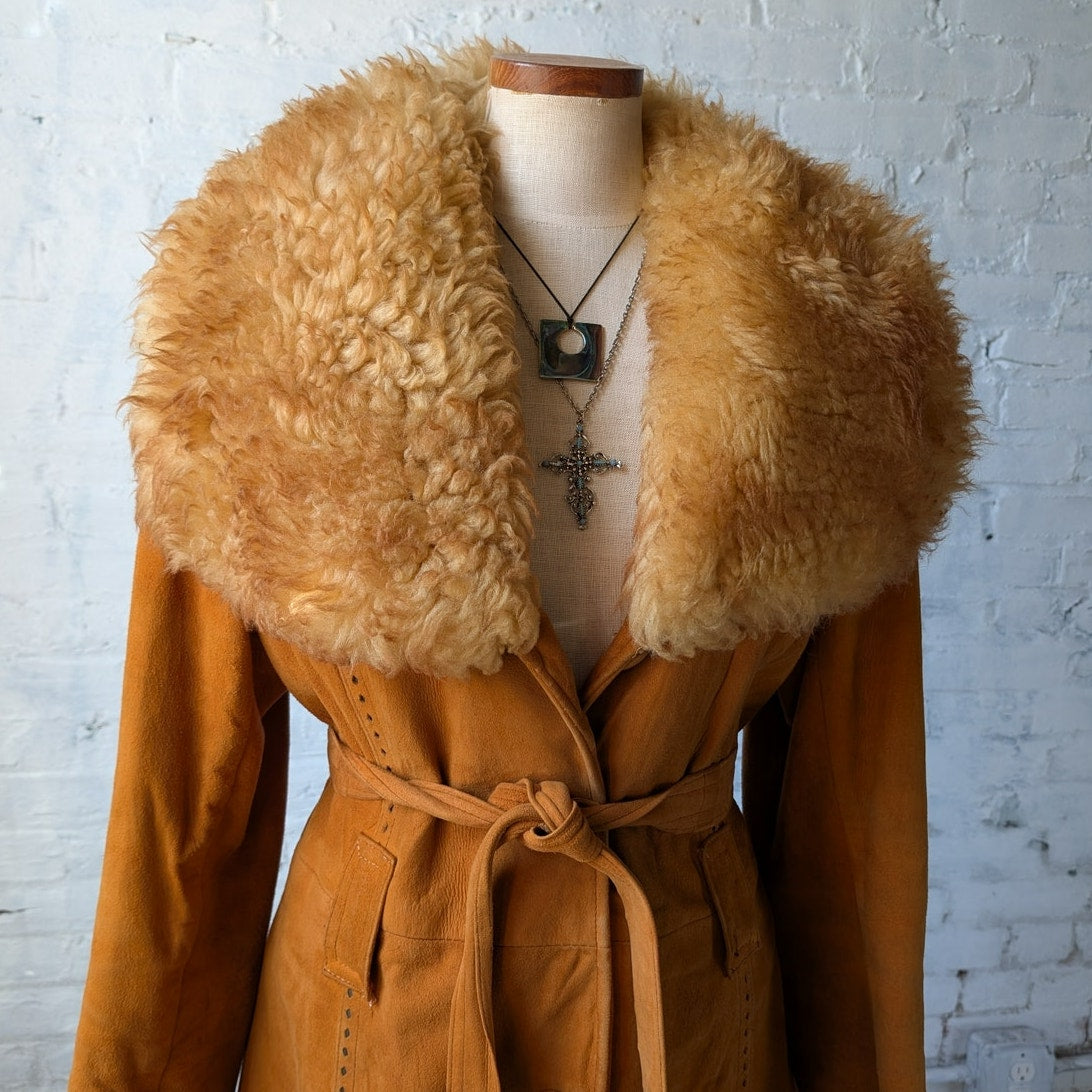 Vintage Orange Suede Penny Lane Jacket Leather Trench Coat Faux Fur Coat Large
