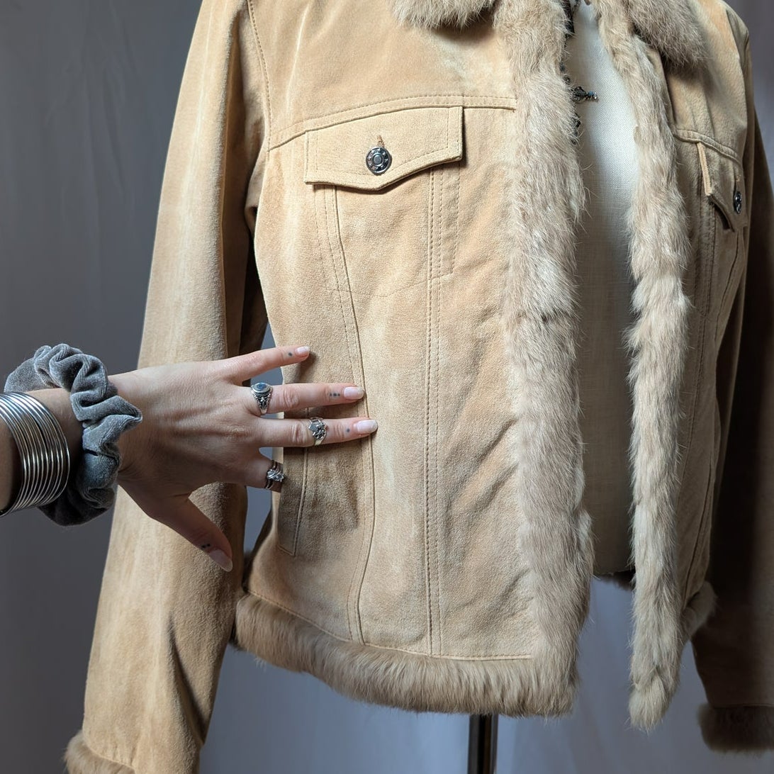 Y2K Vintage Suede Fur Trim Coat L Cropped Neutral Leather Penny Lane Jacket Boho