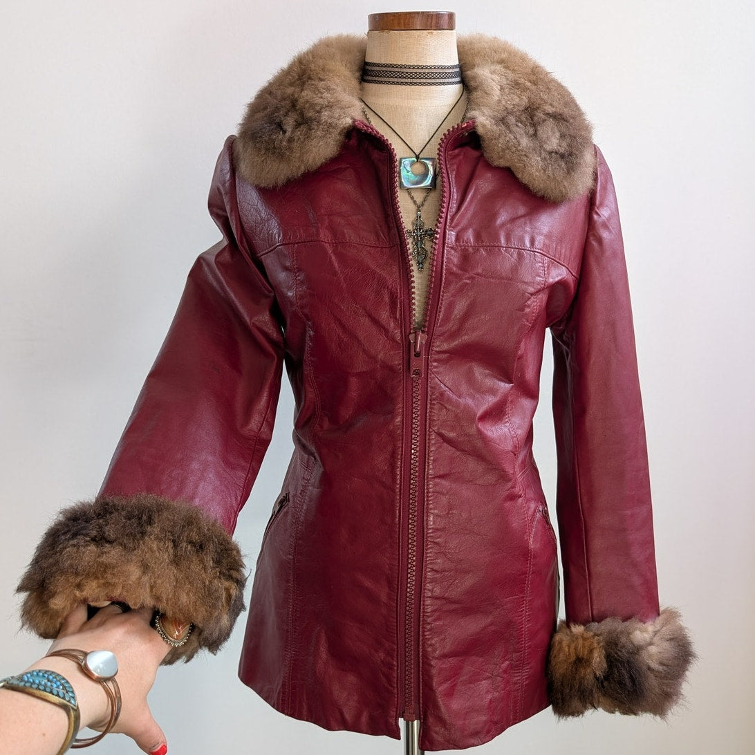 Vintage Red Leather Jacket Penny Lane Fur Trim Coat Grunge Boho Bomber Medium