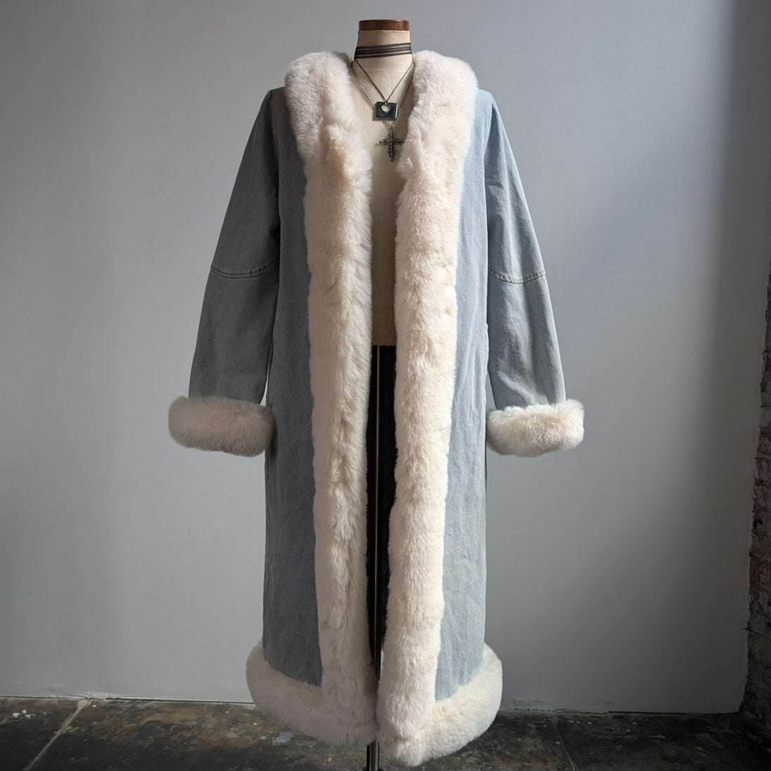 Y2K Faux Fur Penny Lane Afghan Coat Denim Trench Coat 90s Boho Jean Jacket Med