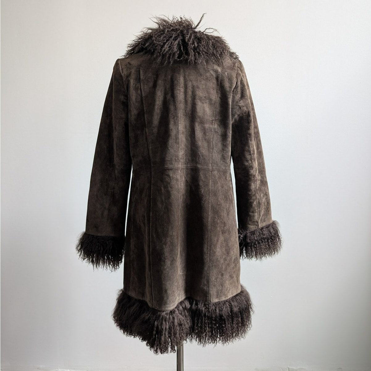 Vintage Brown Suede Penny Lane Jacket Fur Shag Leather Groovy Trench Coat Medium
