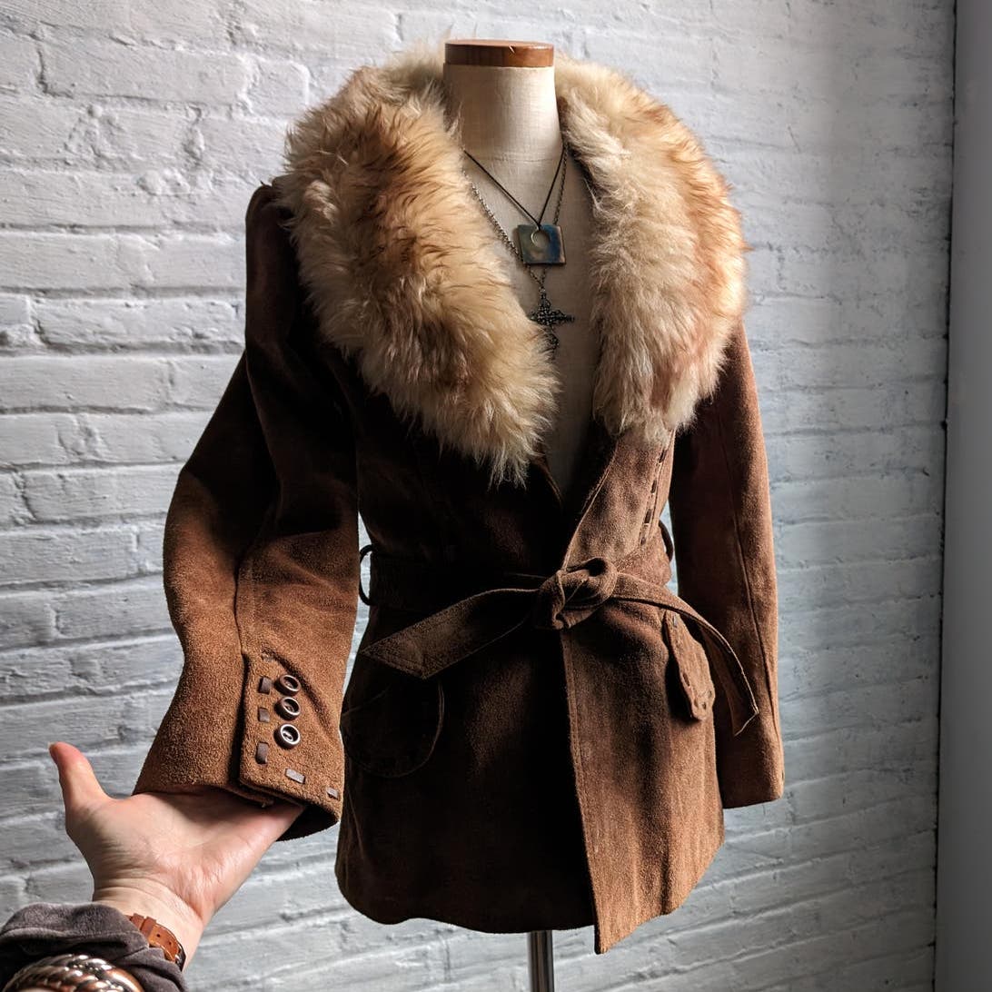 70s Penny Lane Groovy Suede Fur Jacket Furry Genuine Leather Mod Trench Coat