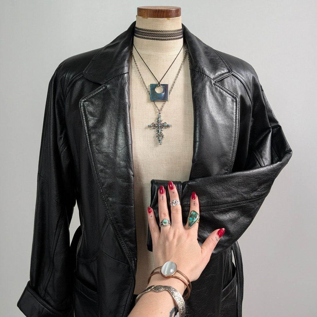Vintage Black Leather Jacket Trench Coat Minimalist Goth Moto Biker Jacket Small