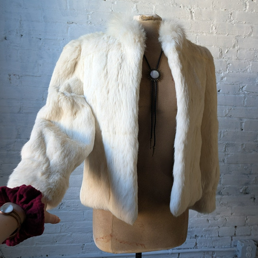 Vintage White Rabbit Fur Coat Mob Wife Minimalist Furry Boho Chic Glam Jacket