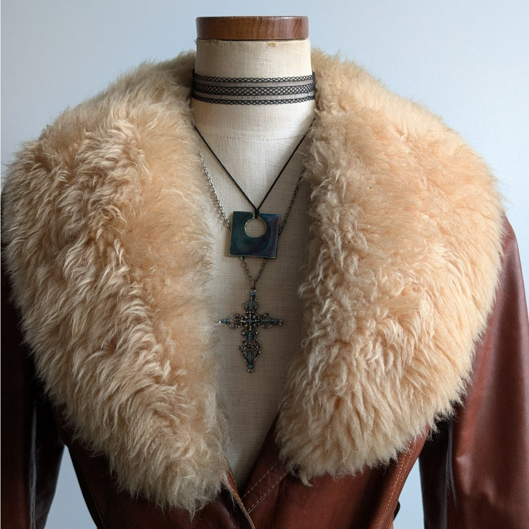 Vintage Leather Jacket Red Brown 70s Penny Lane Trench Coat Afghan Fur Medium