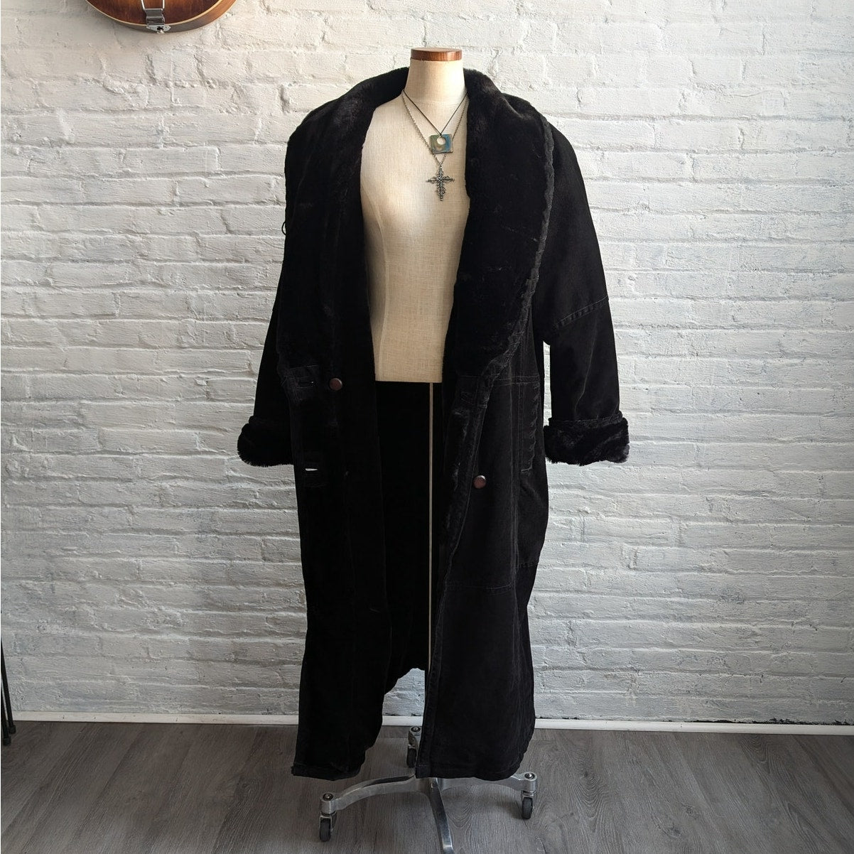 Vintage Black Suede Trench Coat Faux Fur Coat Minimalist Leather Jacket Large