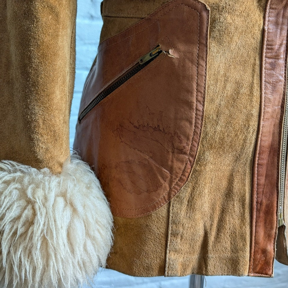 70s Vintage Orange Suede Penny Lane Jacket Groovy Shearling Leather Afghan Coatq