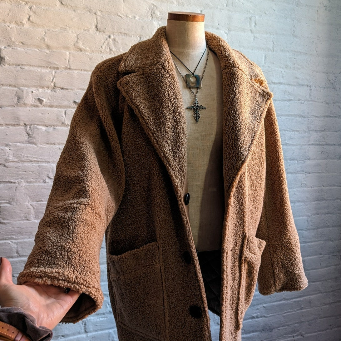 Brown Faux Fur Coat Teddy Jacket Quilted Puffer Coat Designer Reversible Large