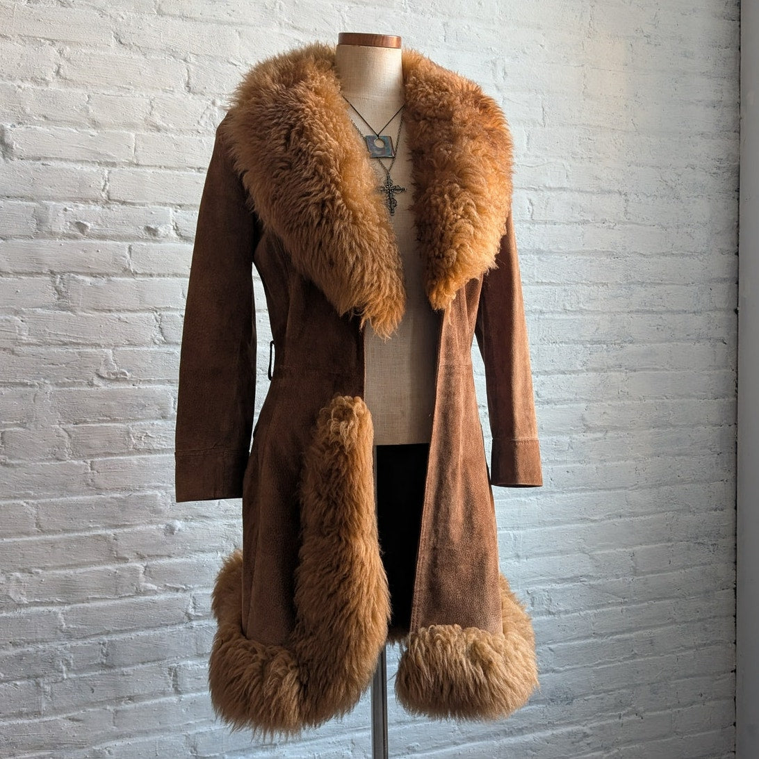 Vintage Brown Suede Penny Lane Jacket Fur Furry Leather Groovy Mod Trench Coat
