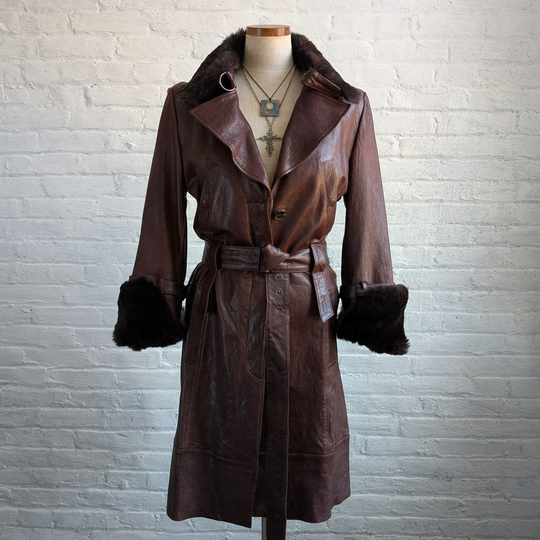 Vintage Burgundy Leather Penny Lane Trench Coat Genuine Fur Grunge Boho Jacket