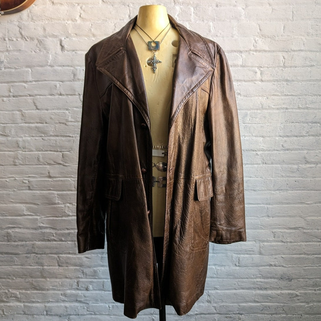 Vintage Brown Leather Jacket Western Trench Coat Earthy Cowboy Minimalist Coat L