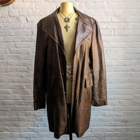 Vintage Brown Leather Jacket Western Trench Coat Earthy Cowboy Minimalist Coat L