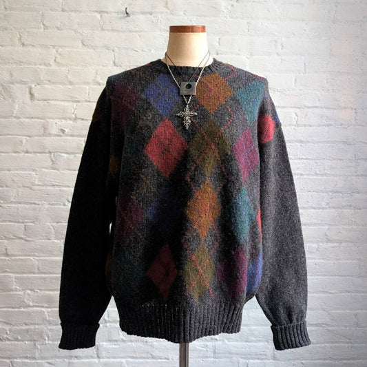 Vintage Grey Wool Knit Argyle Grandpa Sweater Grunge Cottage Dark Academia Top