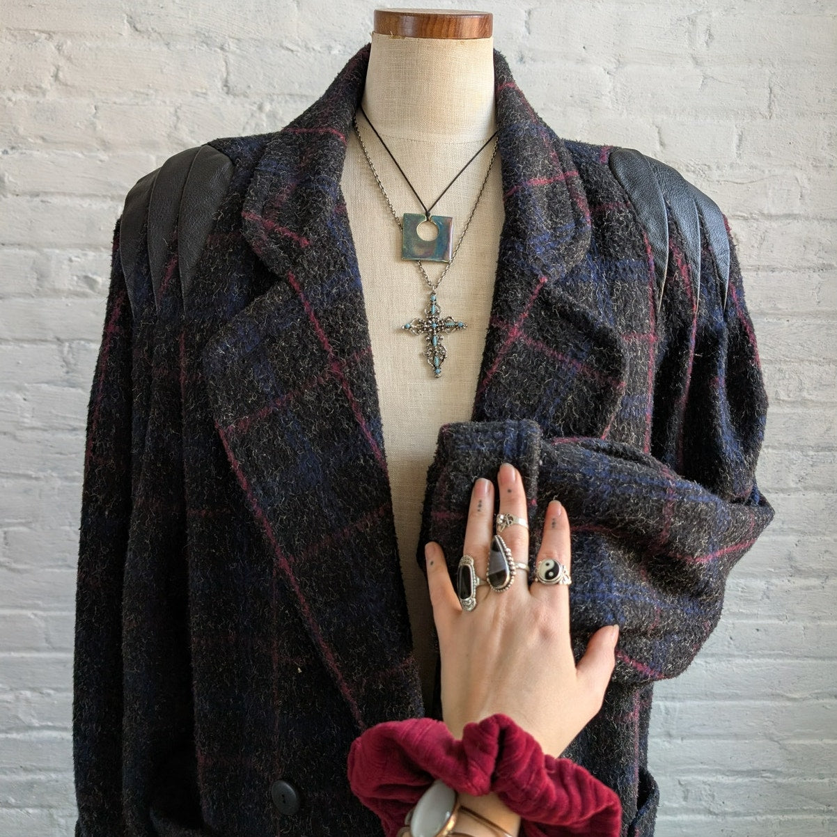 Vintage Black Fuzzy Wool Trench Coat Preppy Plaid Grandpa Sweater Leather Jacket