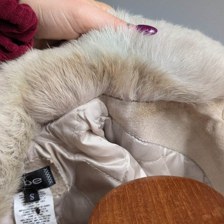 Vintage Tan Suede Penny Lane Coat Neutral Leather Fur Trim Boho Chic Coat Small