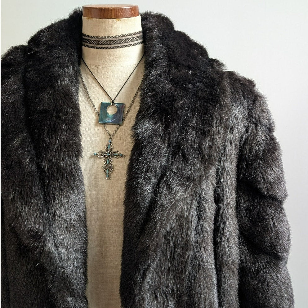 Vintage Black Faux Fur Coat Fur Trim Jacket Mob Wife Minimalist Goth Chic Medium