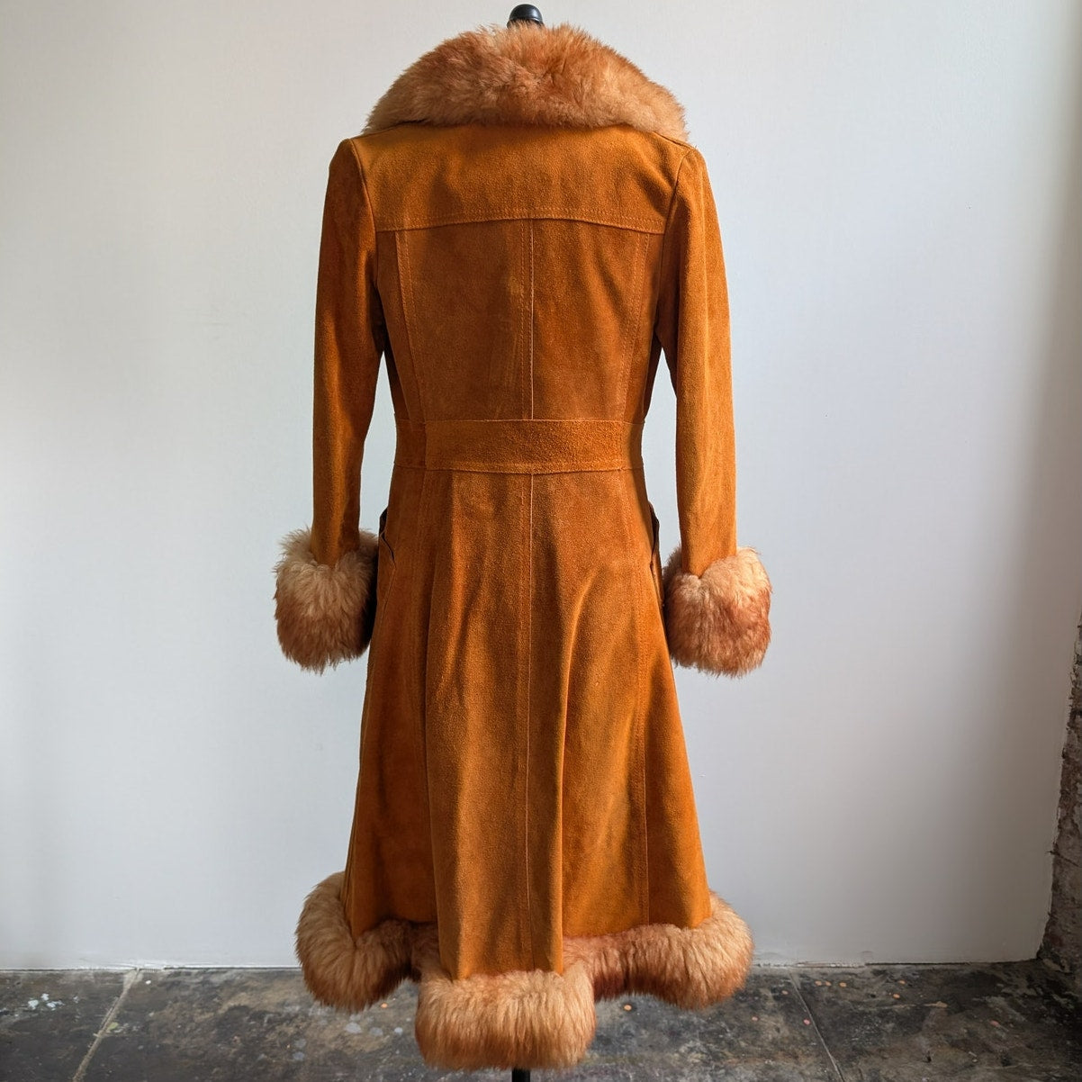 Vintage Orange Suede Penny Lane Afghan Trench Coat Fur Trim 70s Leather Jacket S