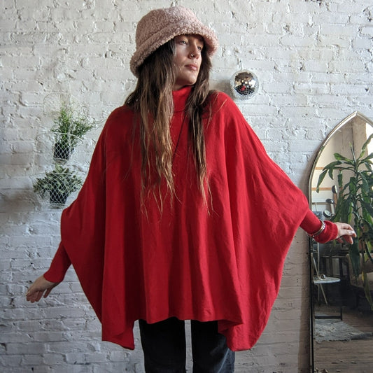 Retro Red Turtleneck Poncho Sweater Oversized Dolman Boho Grunge Cherry Large