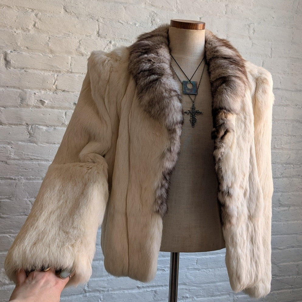 Vintage White Rabbit Fur Coat Penny Lane Minimalist Groovy Boho Chic Glam Jacket