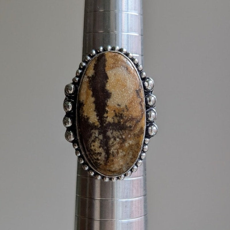 Oval Brown Yellow Sterling Silver Ring Retro Vintage Boho Natural Stone Size 7