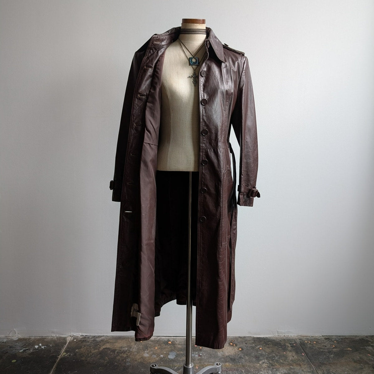 Vintage Brown Red Leather Jacket Minimalist Grunge Chic Biker Trench Coat Large