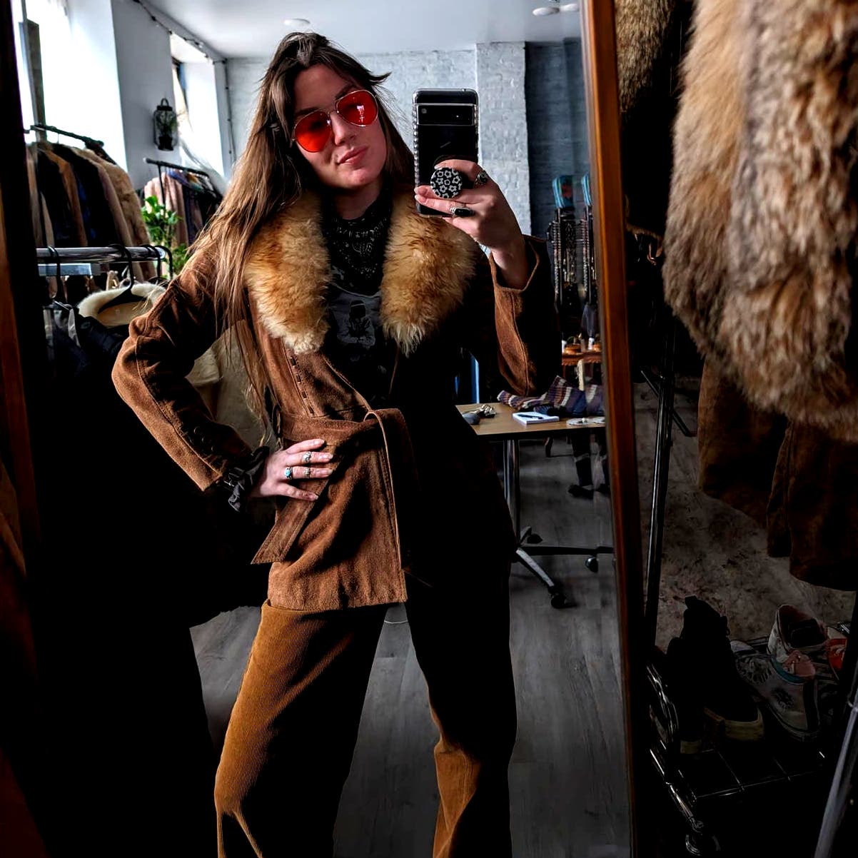 70s Penny Lane Groovy Suede Fur Jacket Furry Genuine Leather Mod Trench Coat