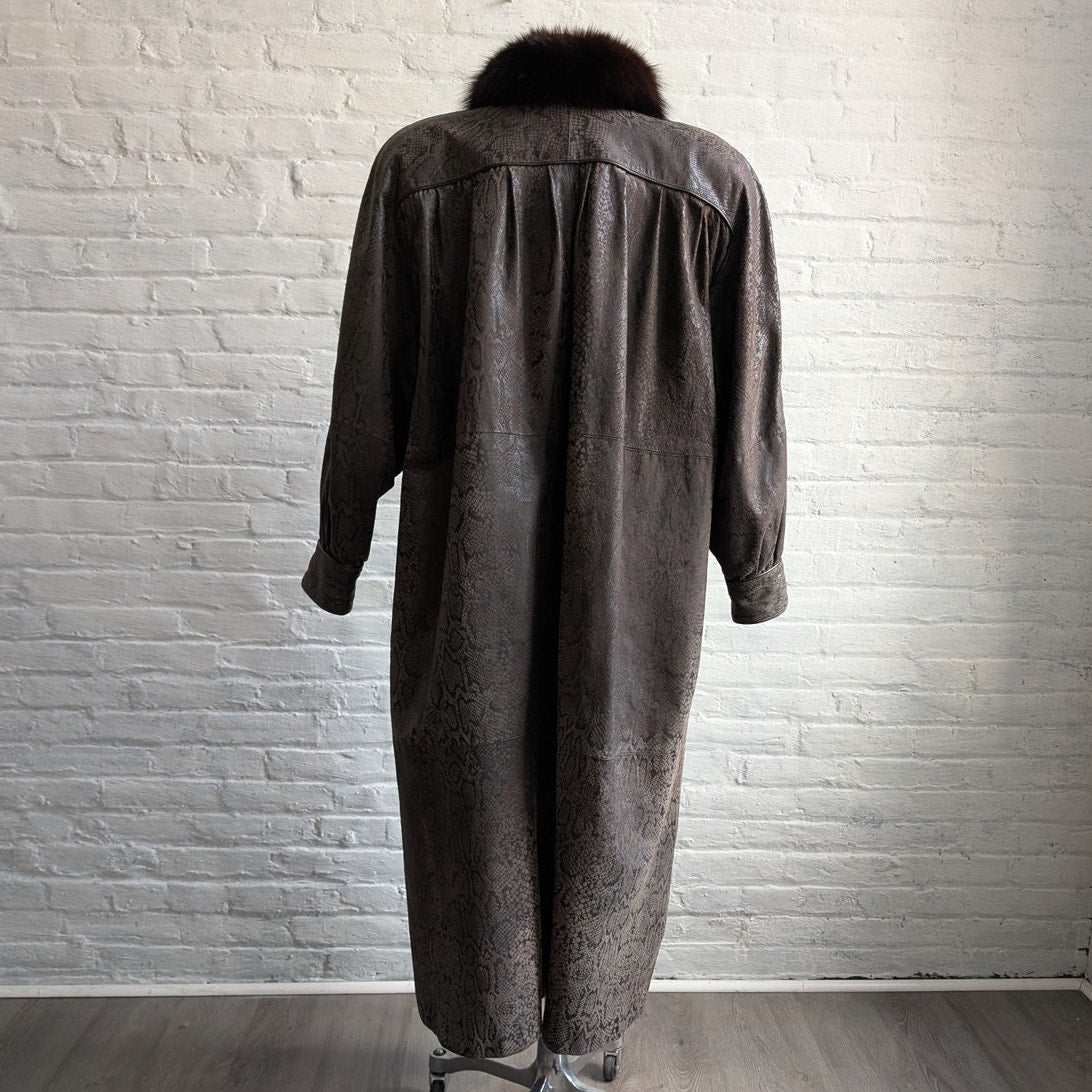 Vintage Black Leather Snakeskin Trench Coat Minimalist Penny Lane Fox Fur Jacket