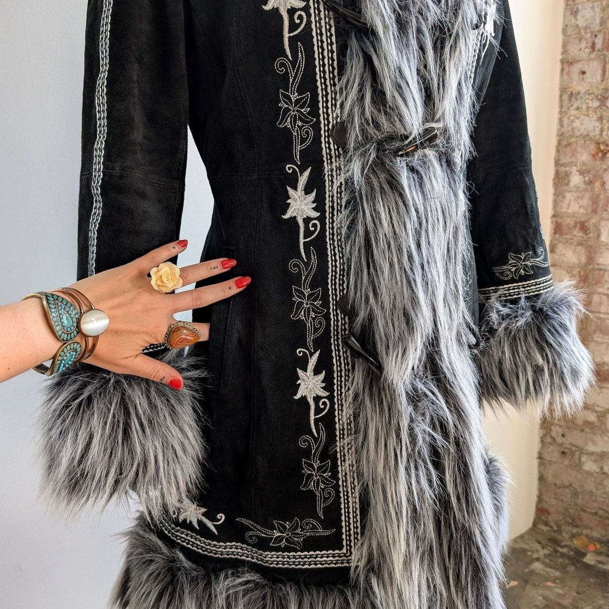 Vintage Black Suede Coat Penny Lane Groovy Faux Fur Jacket Afghan Trench Medium