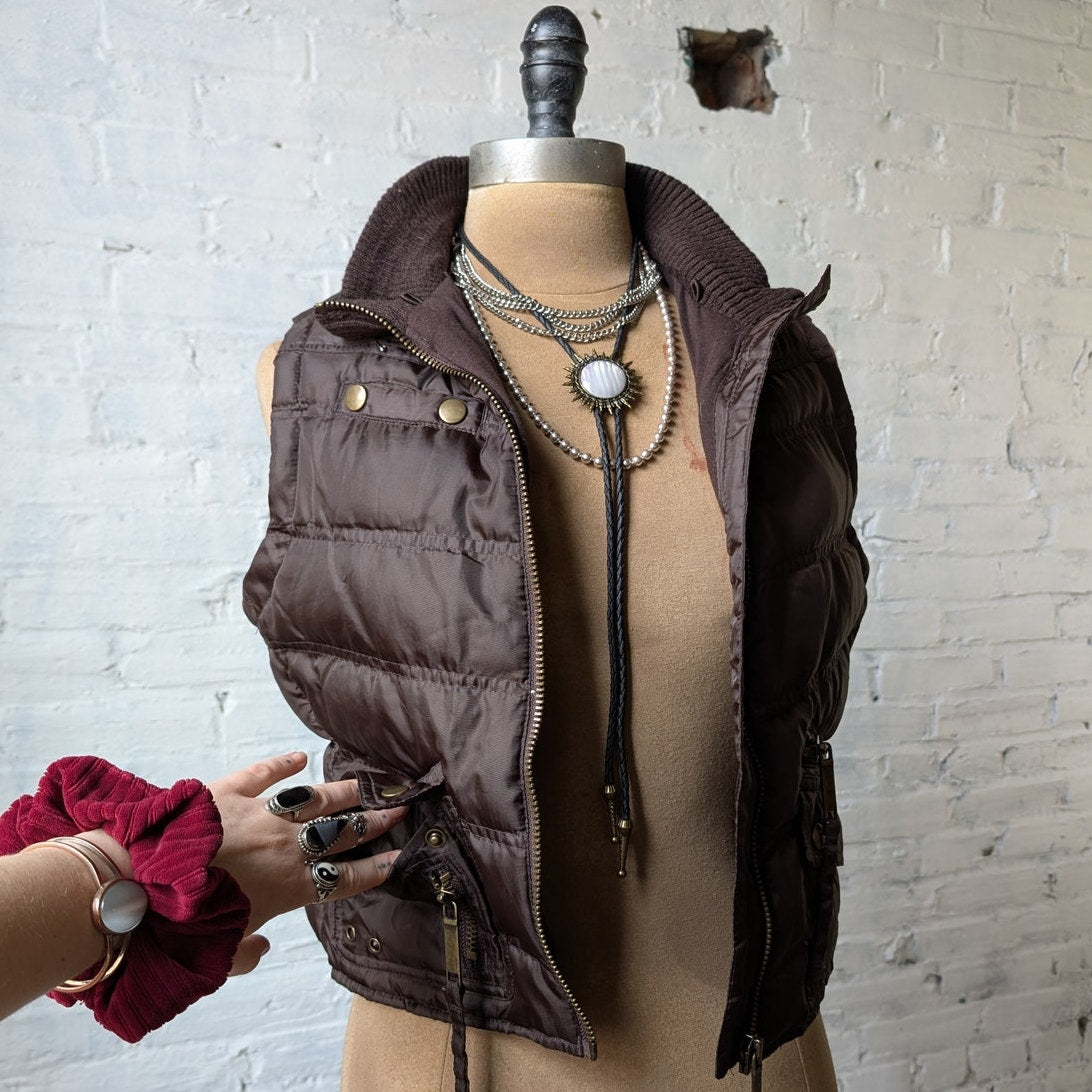 Y2K Dark Chocolate Brown Puffer Vest Quilted Cropped Thermal Zip Up Jacket Top