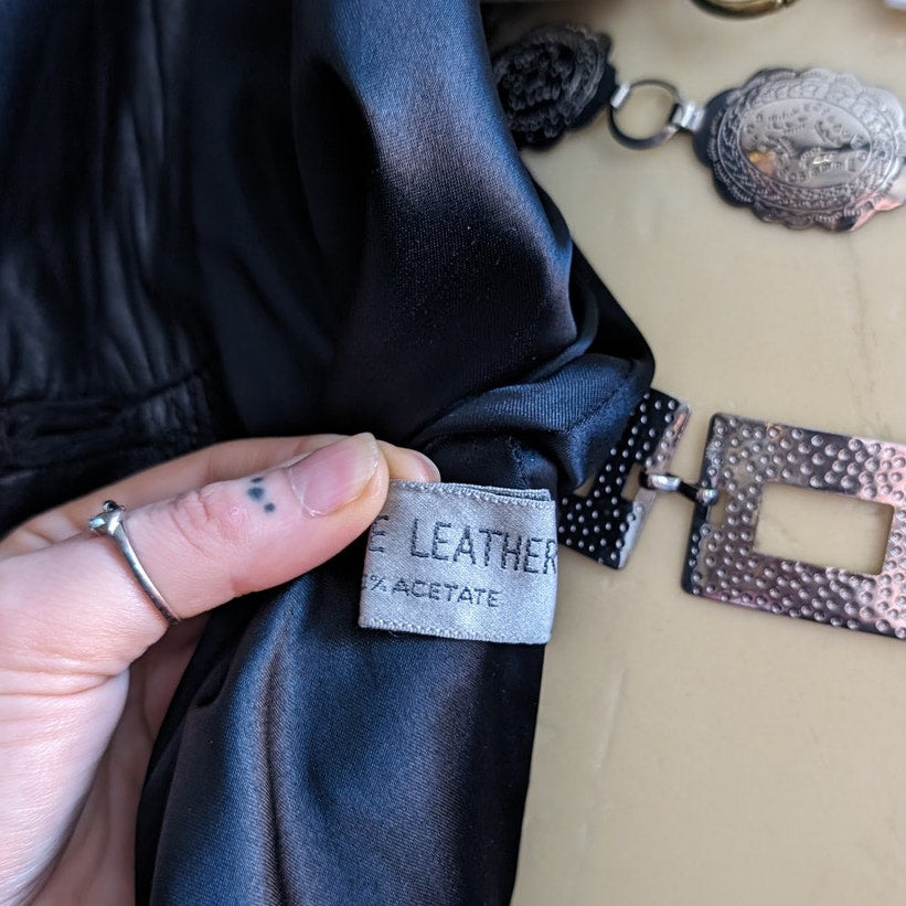 Vintage Minimalist Black Leather Duster Chic Baddie Biker Moto Goth Trench Coat