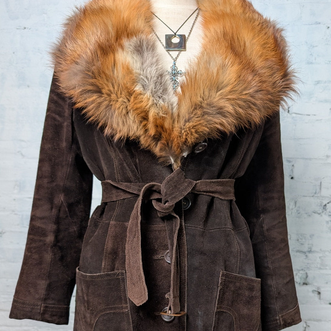 Penny Lane Coat Vintage Brown Leather Trench Coat Brown Suede Fur Coat Large