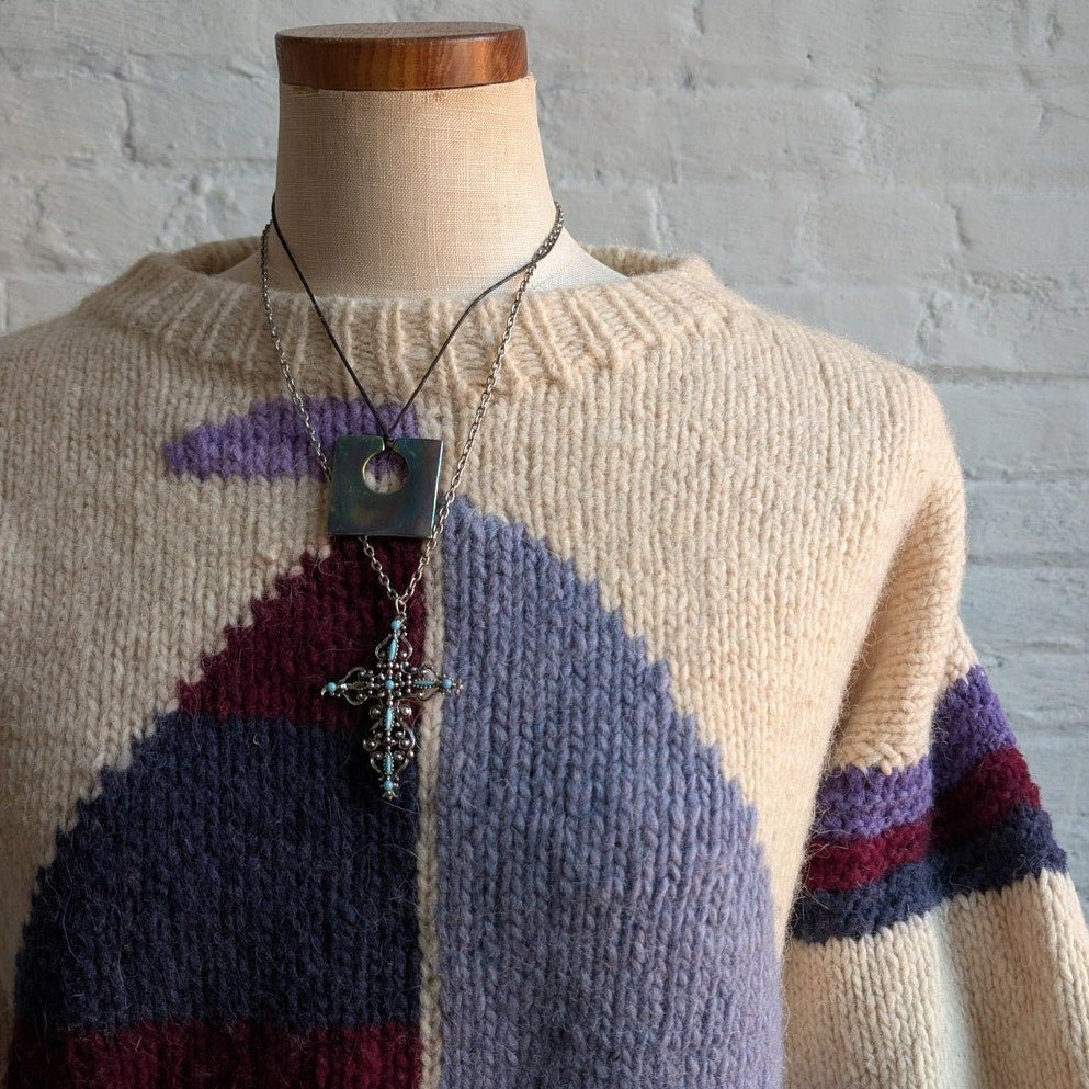 Vintage Wool Nautical Sweater Crewneck Knit Chunky Coastal Boho Grandpa Cozy Top