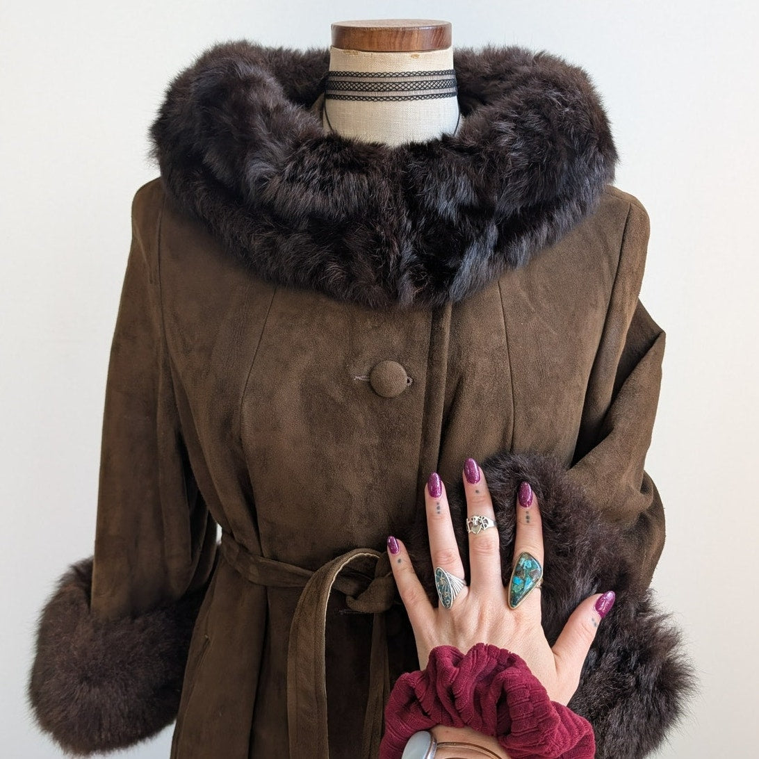 Vintage Brown Suede Penny Lane Jacket Fur Trim Leather Groovy Trench Coat Large