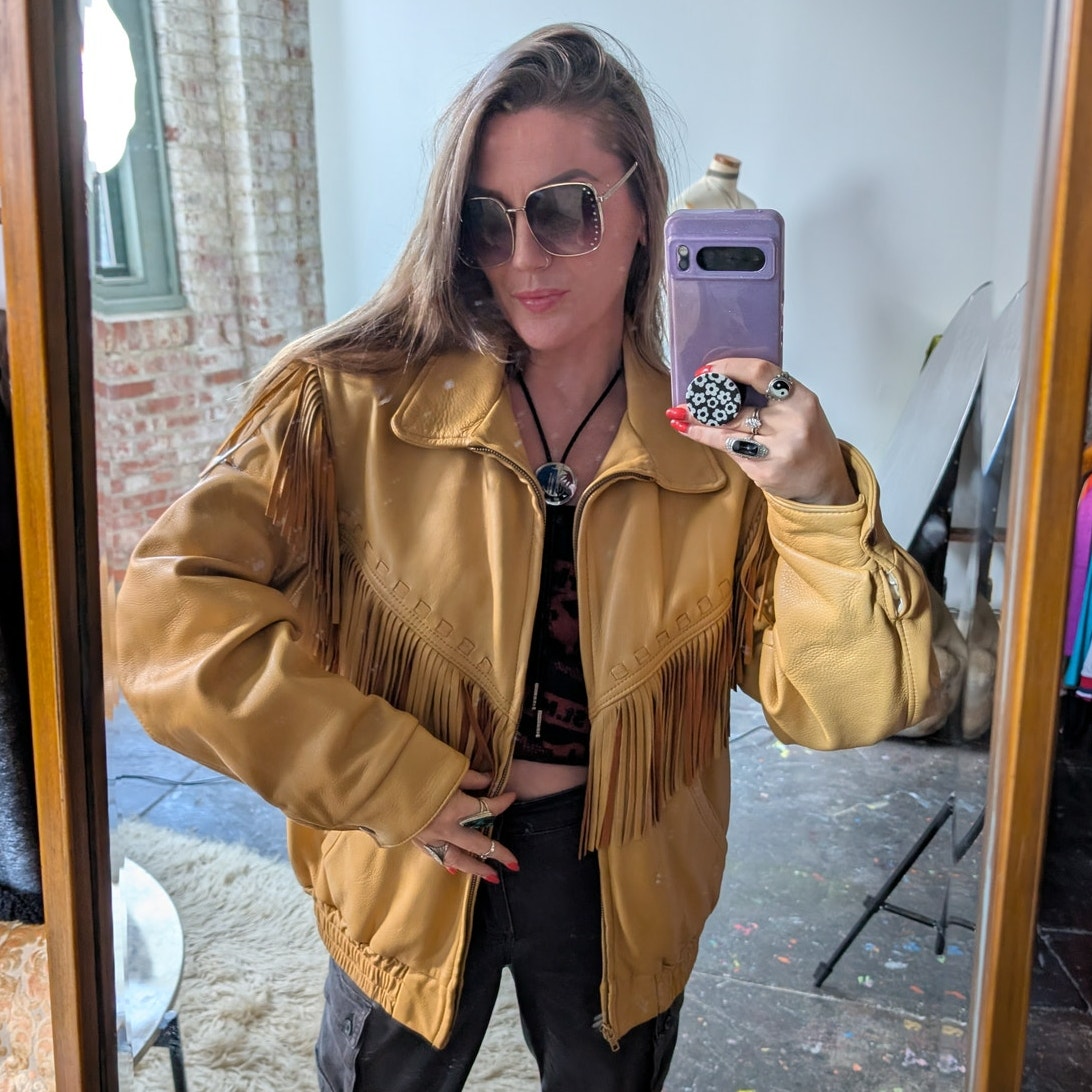 Vintage Neutral Leather Jacket 70s Fringe Biker Western Moto Bomber Coat Large