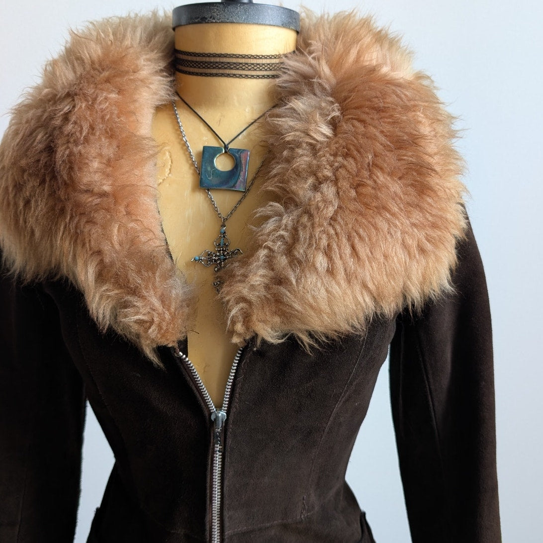 Vintage Brown Suede Penny Lane Jacket Groovy Furry 70s Leather Western Coat Smal