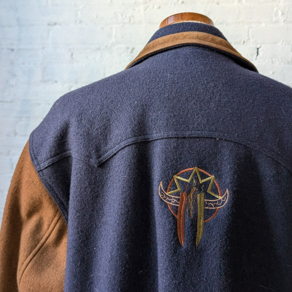 Vintage Navy Wool Leather Bomber Jacket Brown Varsity Western Utility Coat Large