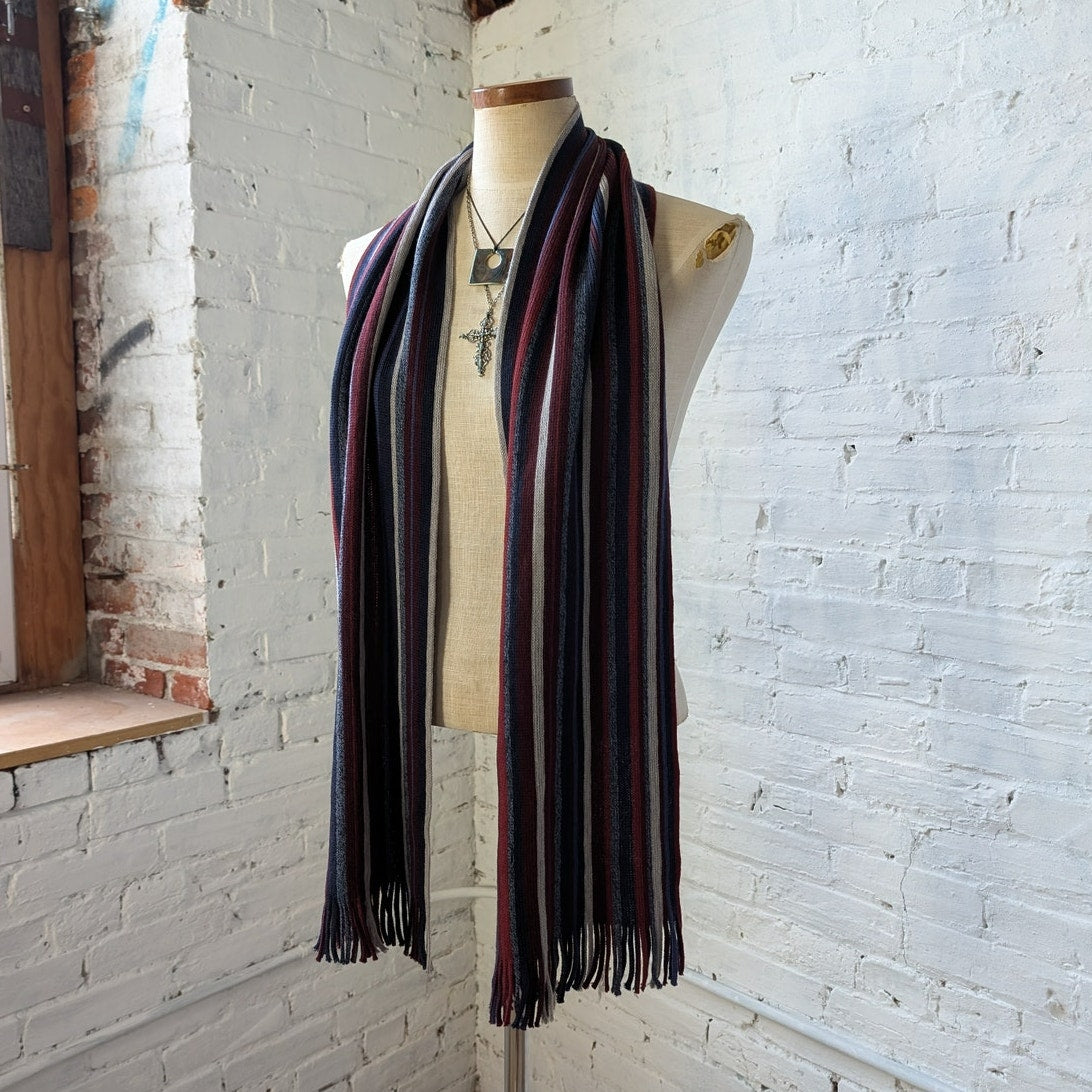 Vintage Red Blue White Striped 100% Wool Scarf Retro Furry Knit Fringe Wrap