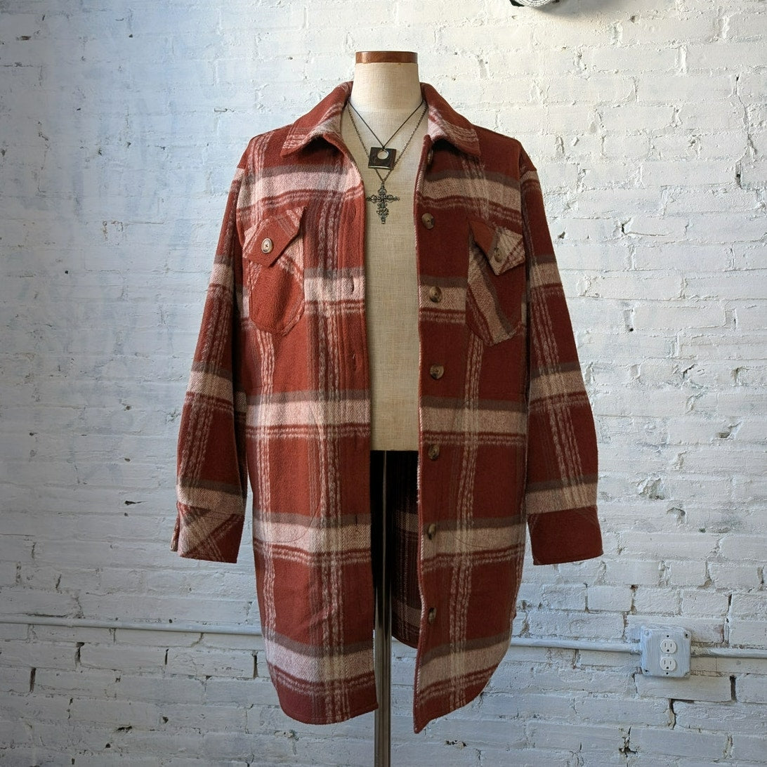 Red Plaid Flannel Jacket Gorpcore Utility Shacket Grunge Boho Chic Earthy Small