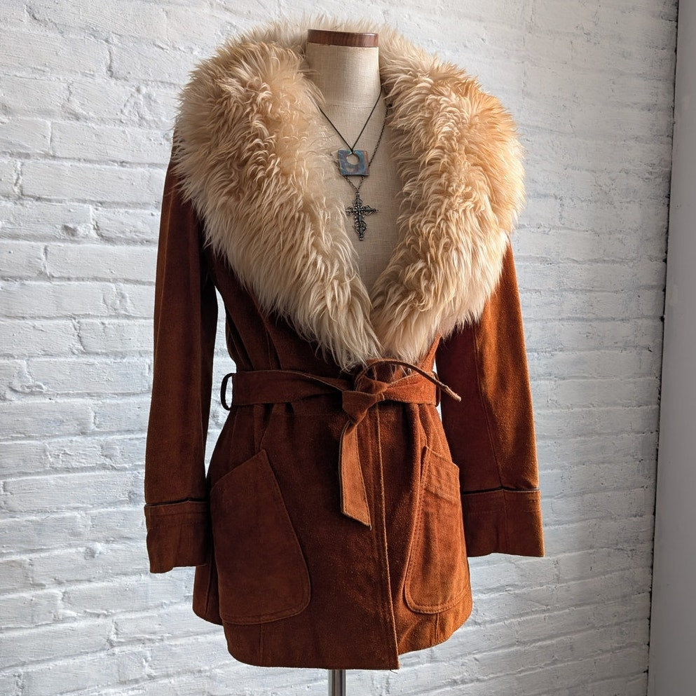 Vintage Orange Suede Penny Lane Jacket Groovy Furry Genuine Leather Trench Coat