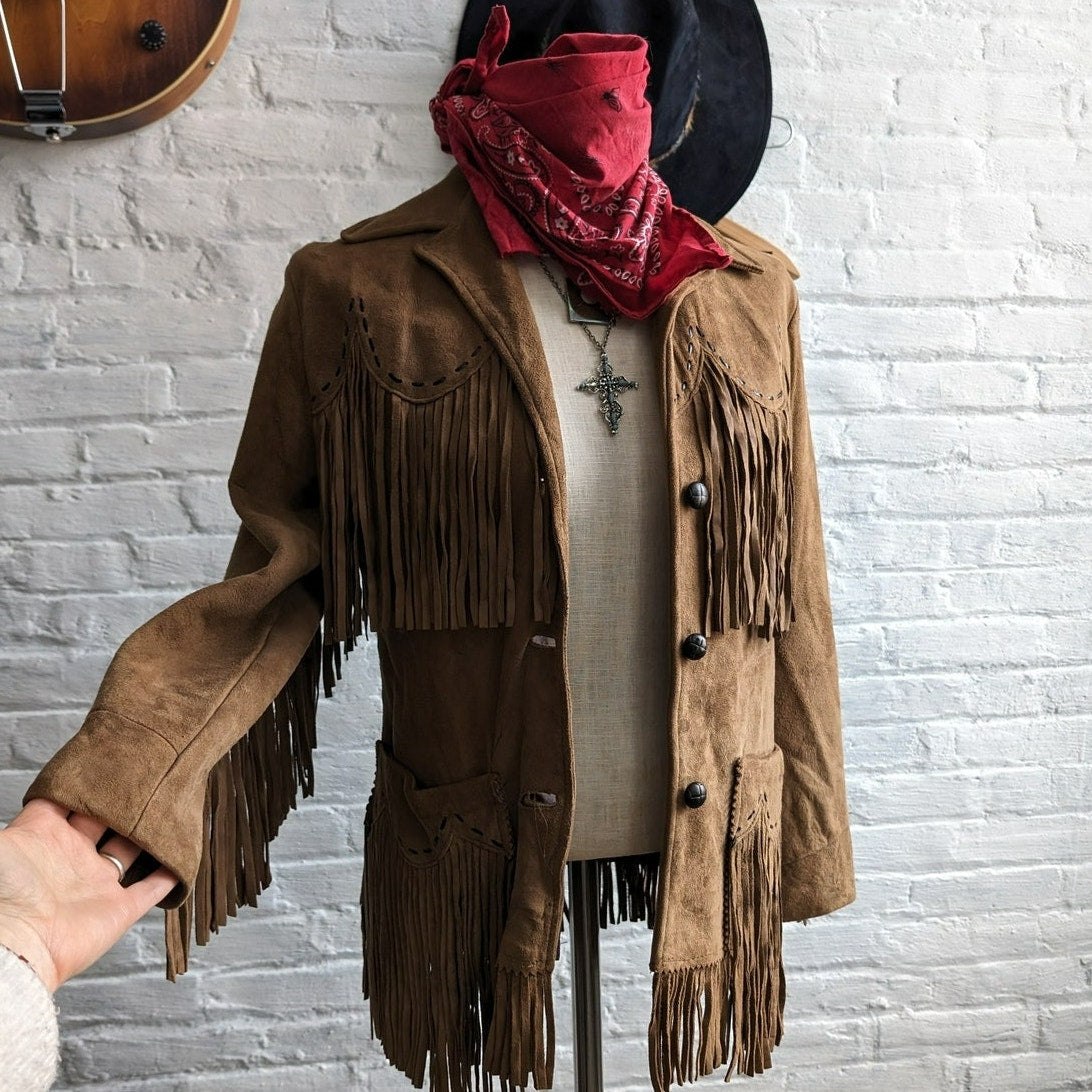 Vintage Brown Suede Fringe Jacket Classic Western Cowboy Genuine Leather Coat