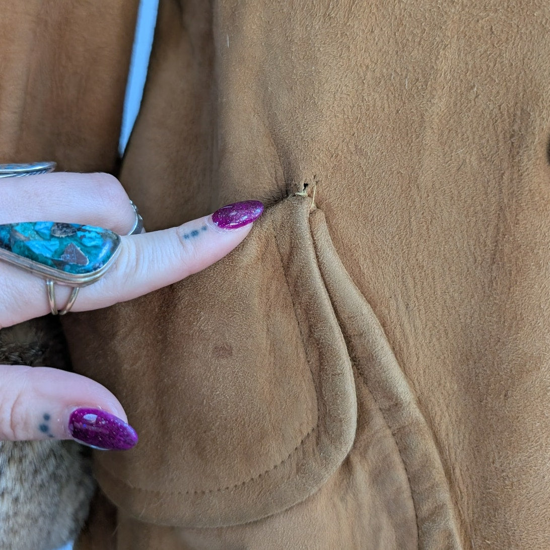 Vintage Brown Suede Fur Trim Penny Lane Jacket Furry Leather Trench Coat Medium