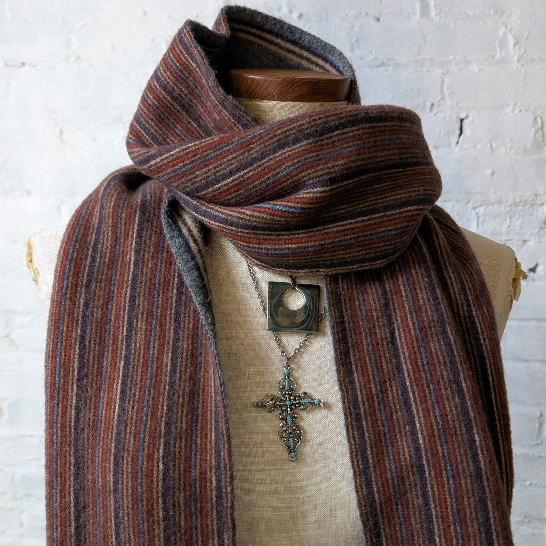 Vintage Muted Rainbow Striped Wool Blend Scarf Fuzzy Furry Knit Fringe Wrap