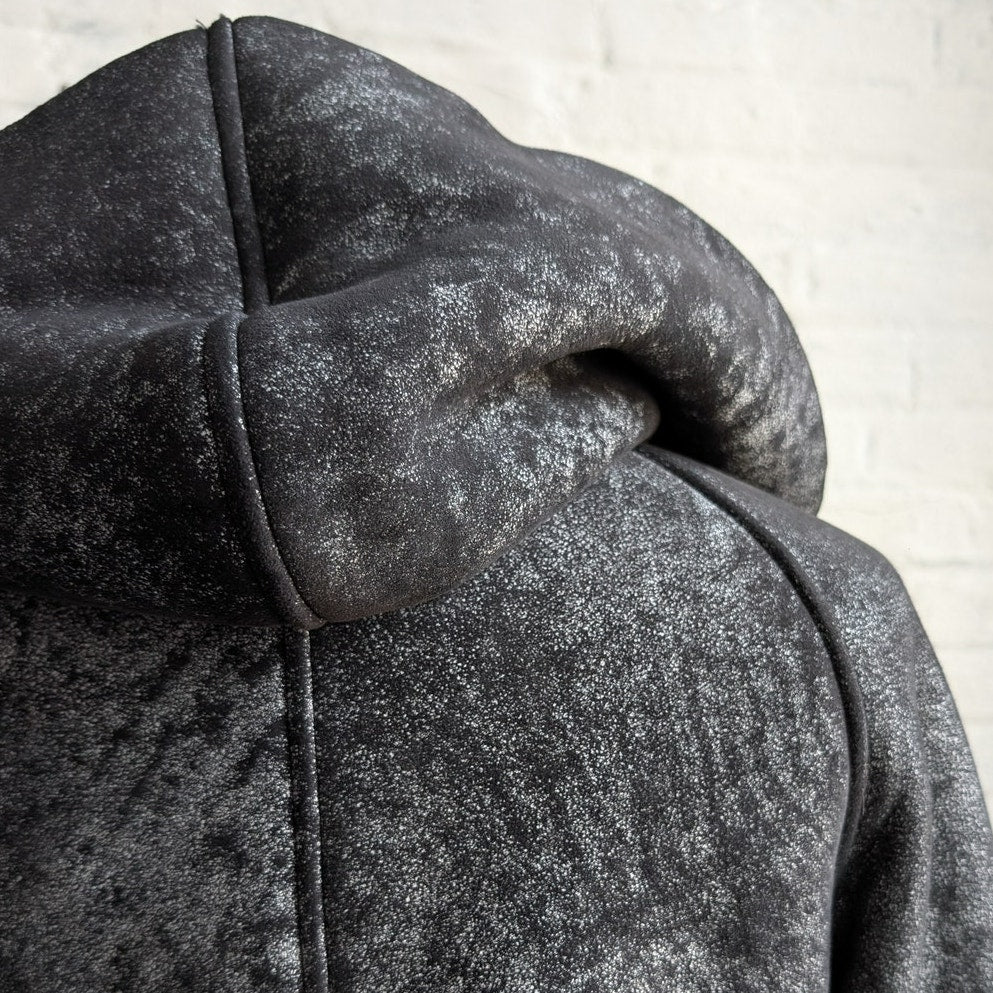 Vintage Black Leather Shearling Coat Afghan Fur Minimalist Chic Luxury Jacket