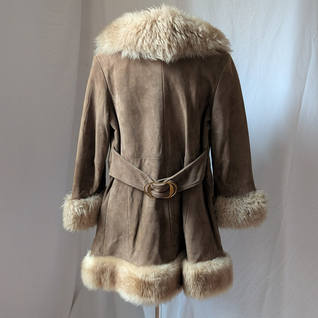70s Vintage Brown Suede Penny Lane Coat M Tan Leather Fur Boho Afghan Jacket