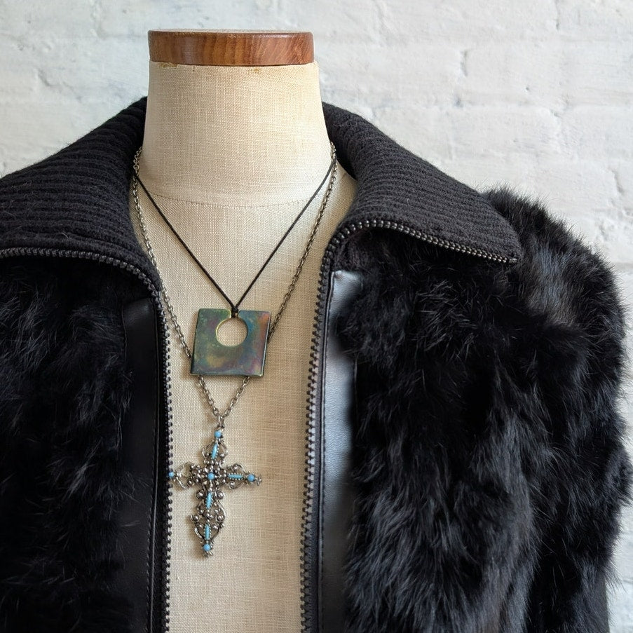 Vintage Black Genuine Rabbit Fur Sweater Stretchy Jacket Knit Faux Leather Top