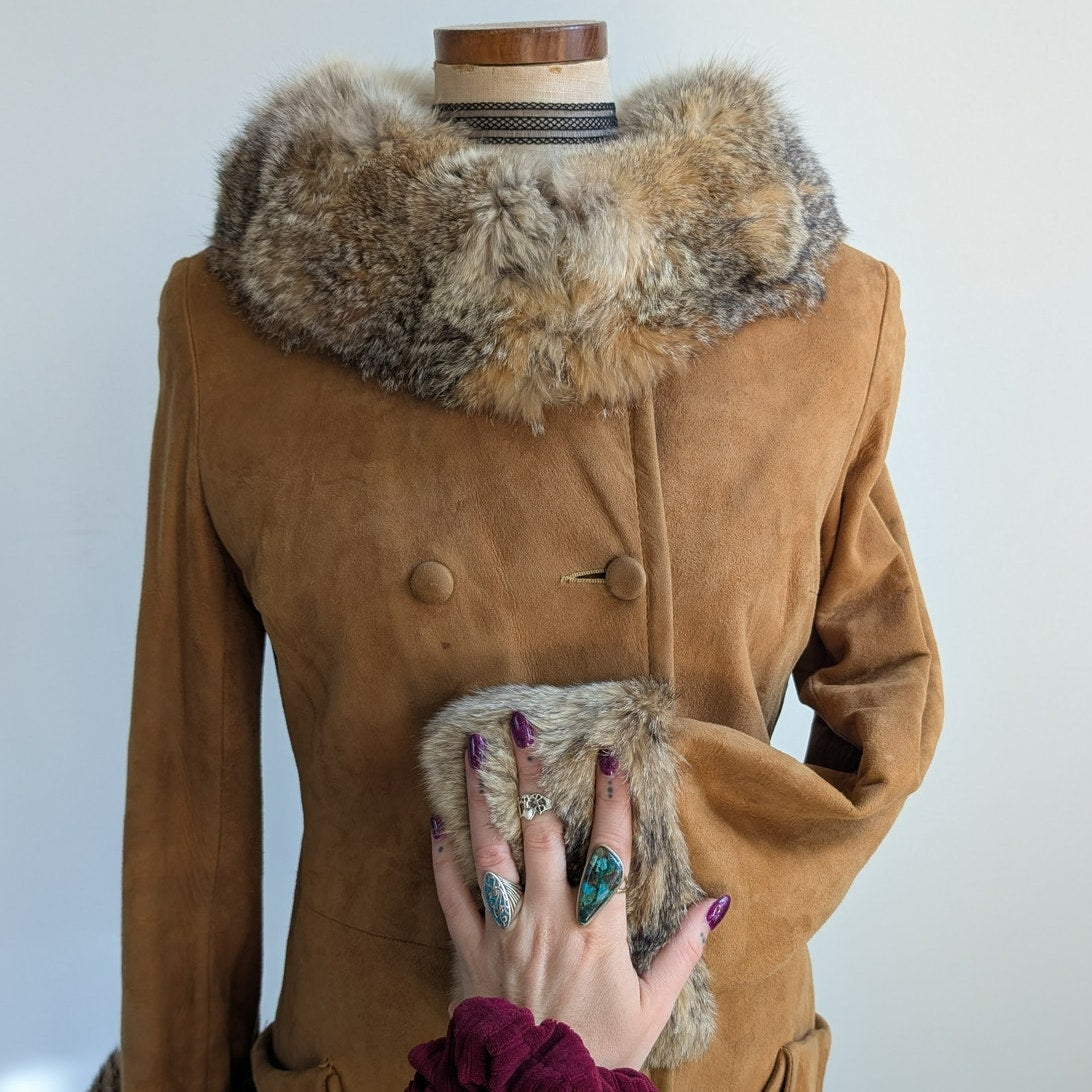 Vintage Brown Suede Fur Trim Penny Lane Jacket Furry Leather Trench Coat Medium