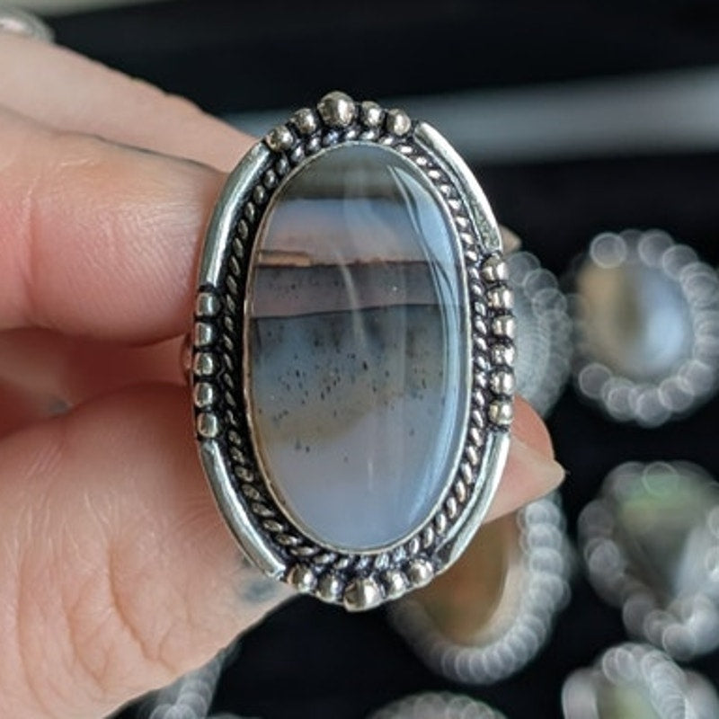 Oval Grey Statement Ring Sterling Silver Ring Vintage Boho Natural Stone Size 7