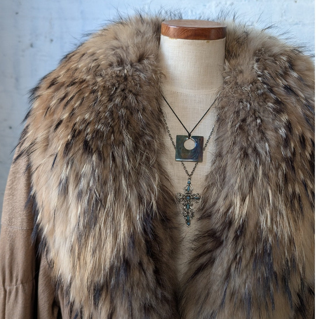 Vintage Tan Genuine Suede Raccoon Fur Trim Coat Leather Mini Trench Jacket
