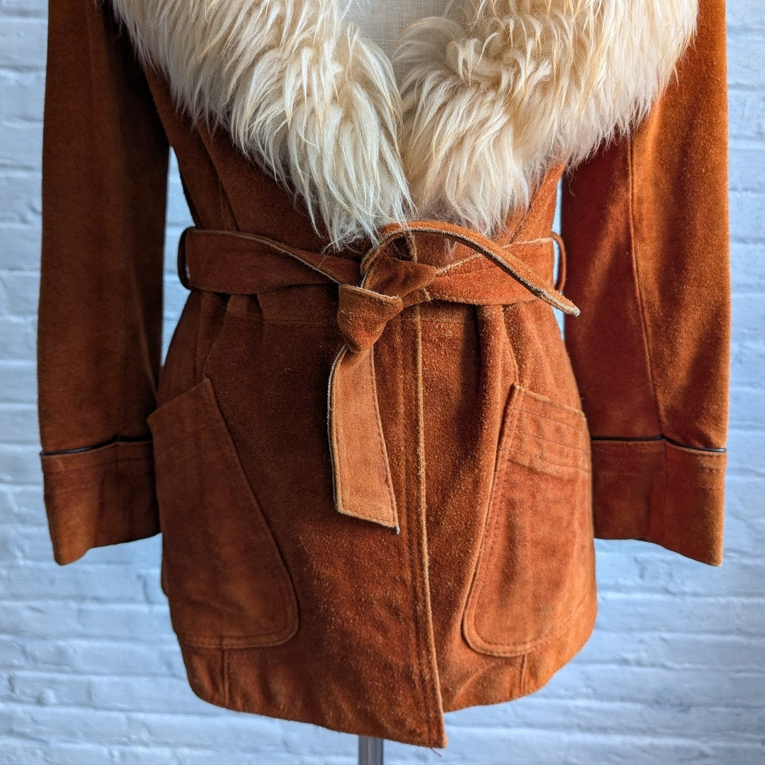 Vintage Orange Suede Penny Lane Jacket Groovy Furry Genuine Leather Trench Coat